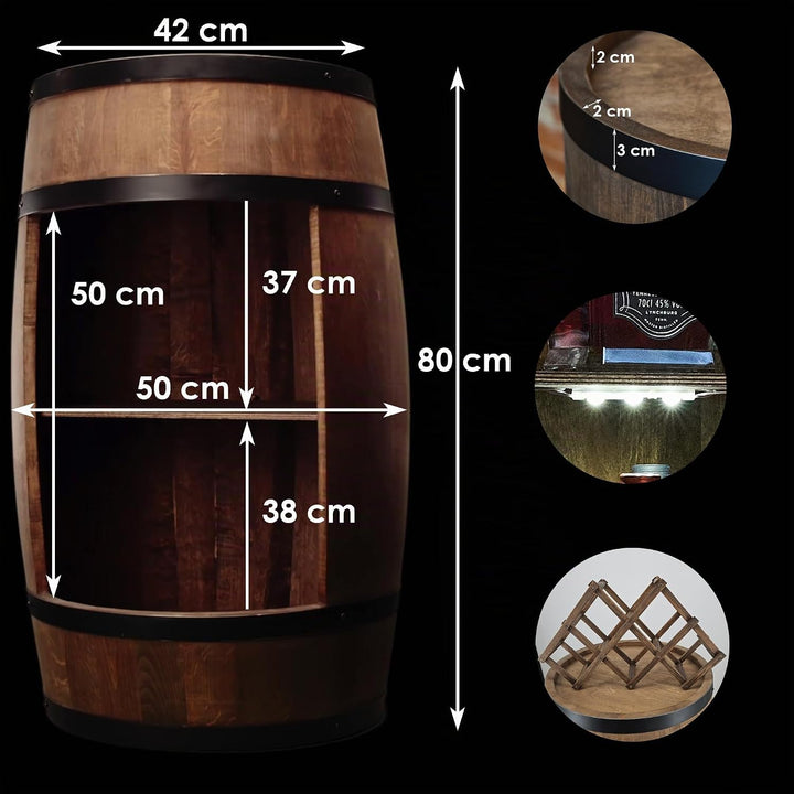 CREATIVE COOPER Fassbar LED mit Weinhalter - Weinregal - Holzfass Hausbar 80cm - Rustikaler deko Bar
