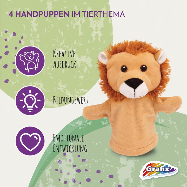 Grafix Tier Handpuppen für Kinder | Ihr eigenes Puppentheater in einer Box! | Set mit 4 handspielpup