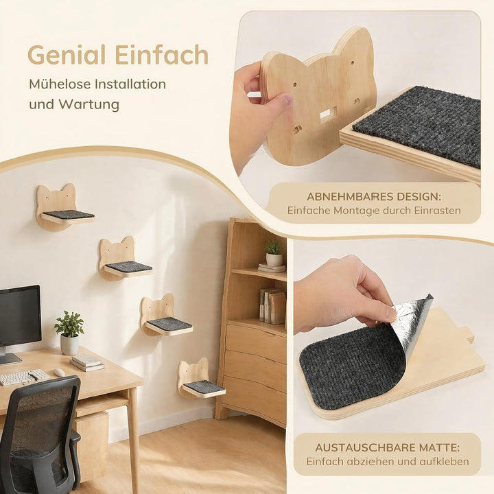 Katzentreppe Wand 4pcs - Kletterwand für Katzen im Katzenkopf-Design, Stabile Katzentreppe bis 30 kg