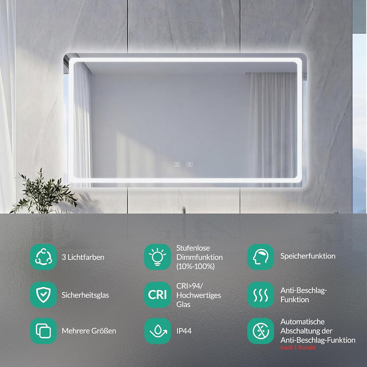 Badspiegel mit Beleuchtung - Wandspiegel mit 3 Farben &amp; Dimmbare Helligkeit, Touch-Schalter mit Anti