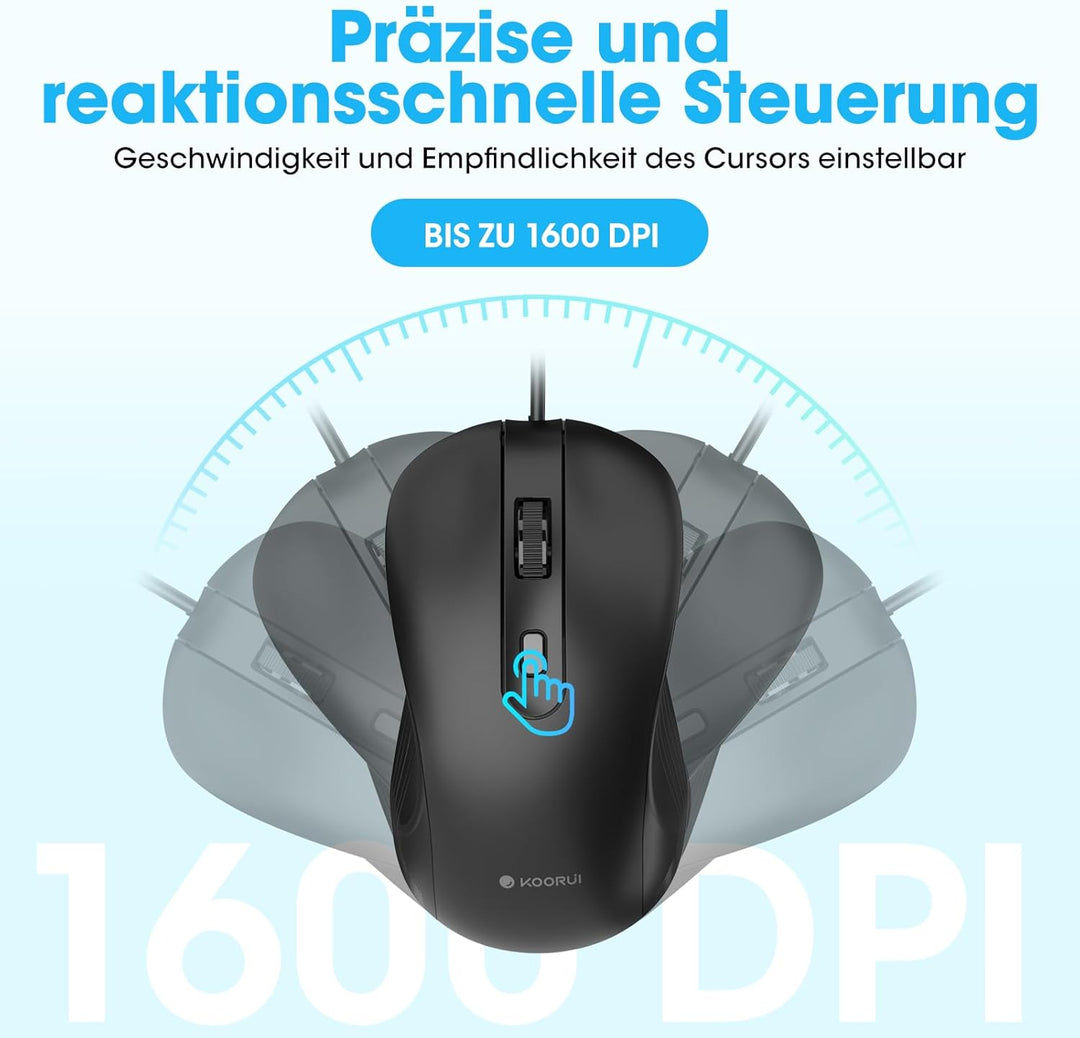 KOORUI Deutsches QWERTZ Tastatur-Maus-Set, 12 Funktionstasten, Schwarz Schwarz-Kabel Kabel, Schwarz-
