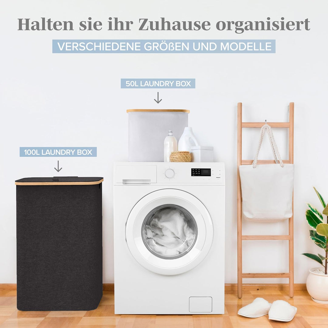 Lonbet - Black Laundry Baskets with Lid - XL 100 L - Large Hamper with Handles - for Bedrooms - Bamb
