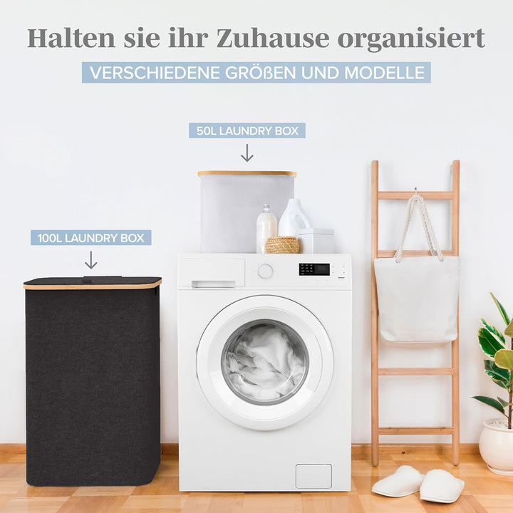Lonbet - Black Laundry Baskets with Lid - XL 100 L - Large Hamper with Handles - for Bedrooms - Bamb