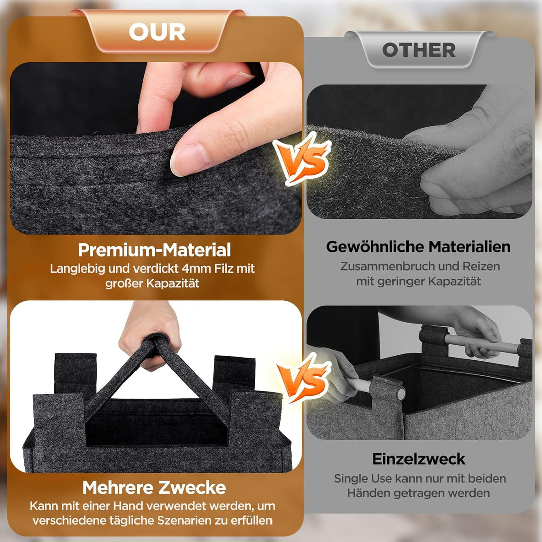 XL 40L Filzkorb & Holzkorb für Kaminholz - Doppelgriffanwendung + rutschfeste Griffe + Fronttasche e