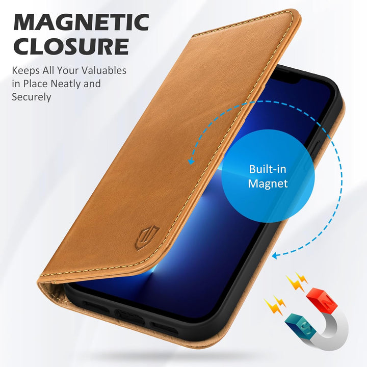 SHIELDON Hülle für iPhone 13 Mini, Schutzhülle [Rindsleder] [Stossfest] [Kartenfächer] [Magnetversch
