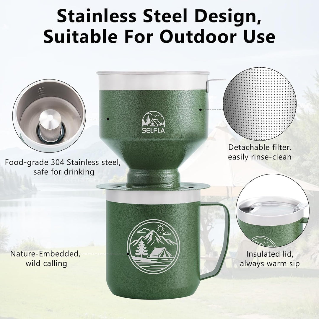 Edelstahl-Kaffeetropfer-Set, Outdoor-Kaffeetropfer, Wiederverwendbarer Filter & Isolierbecher (473ml