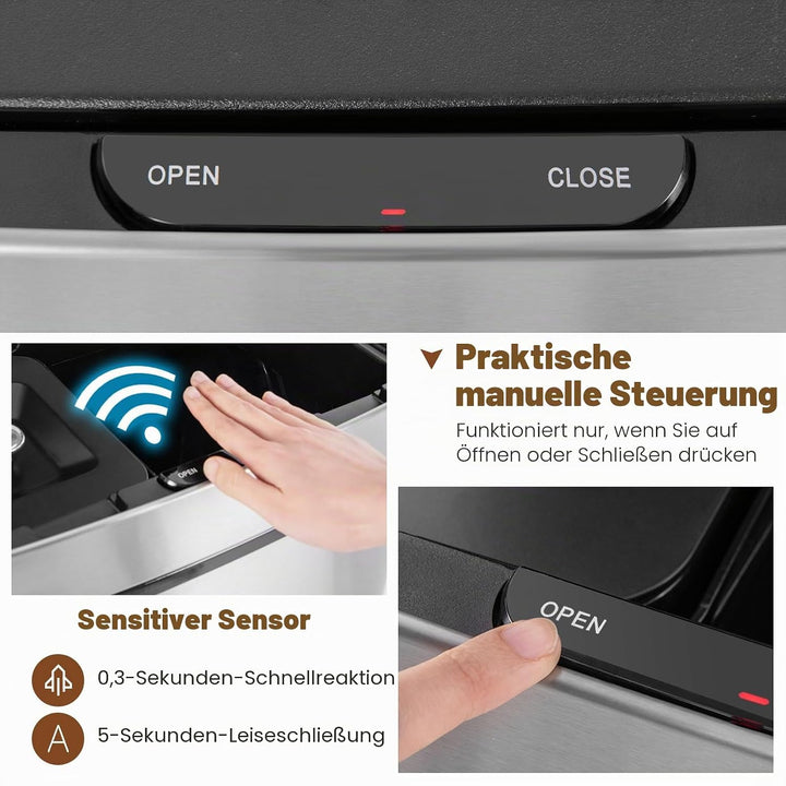 FANTASK 72L Mülleimer Küche, 4 Fächer Edelstahl Bin mit Sensor, Automatisch Abfalleimer mit Softclos