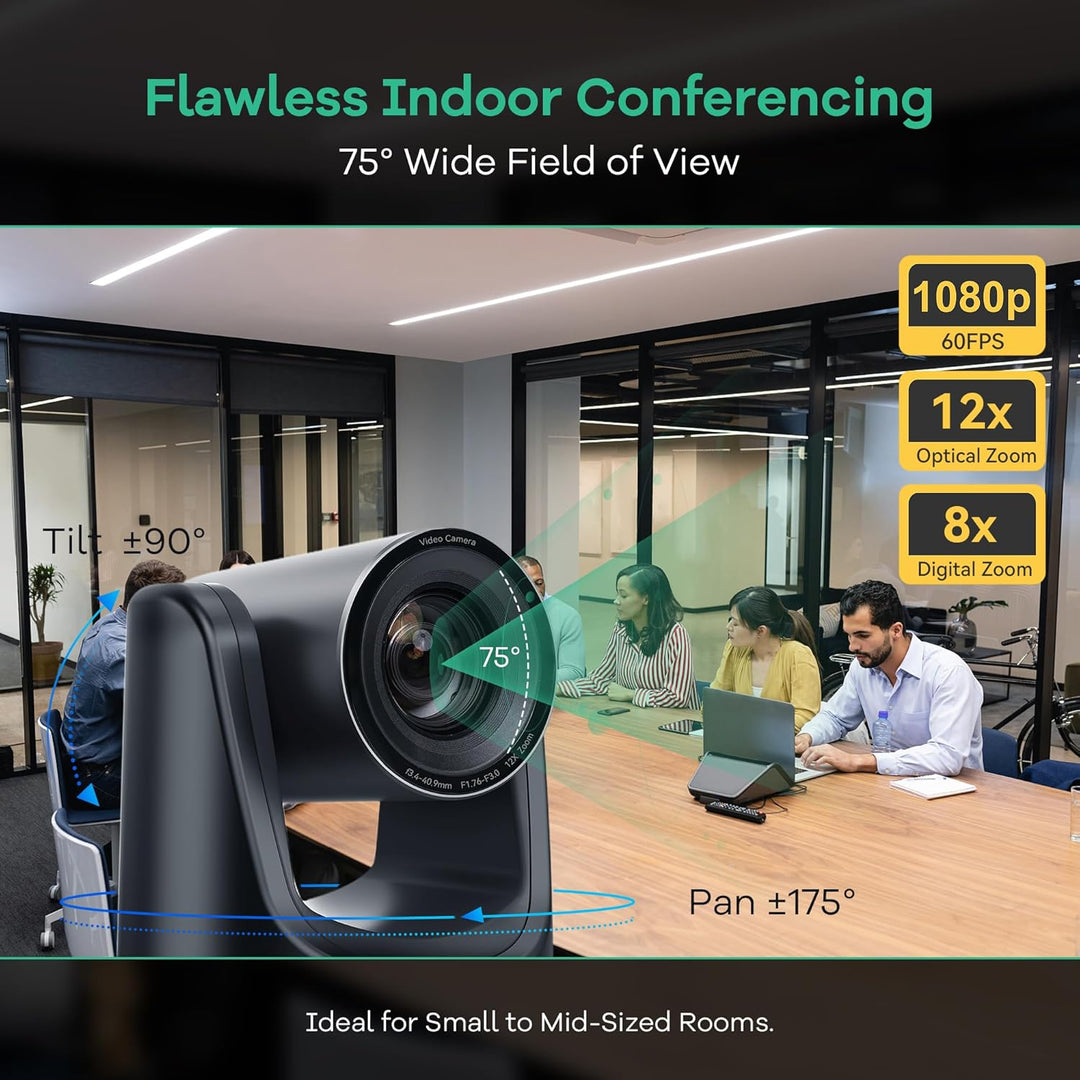 TONGVEO PTZ Konferenzkamera mit KI-Auto-Tracking, 12X optischem Zoom, Weitwinkel, 1080P/60fps (HDMI/