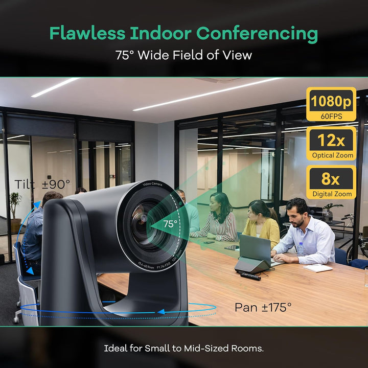 TONGVEO PTZ Konferenzkamera mit KI-Auto-Tracking, 12X optischem Zoom, Weitwinkel, 1080P/60fps (HDMI/