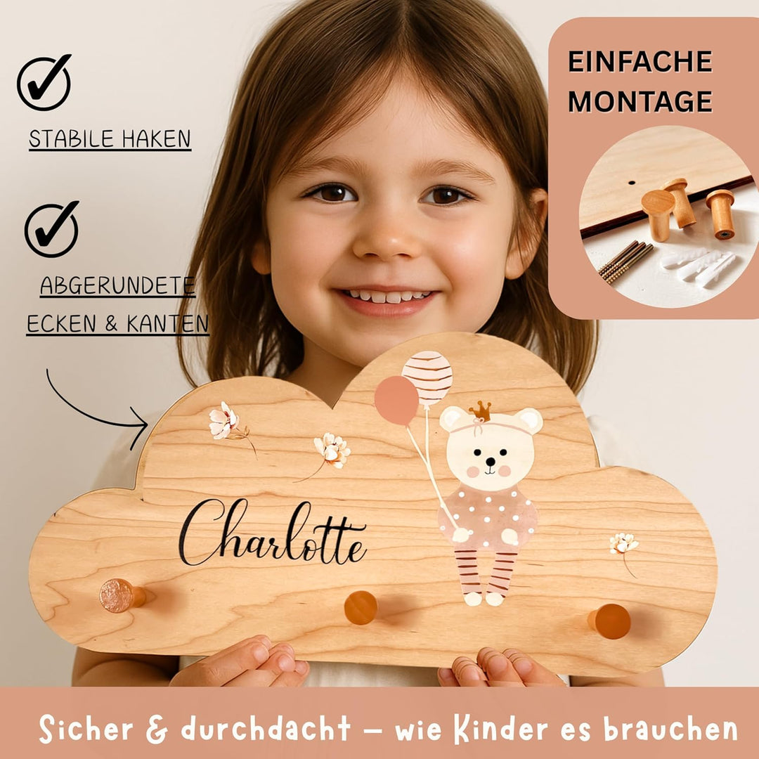 EmiliaLotte Kindergarderobe Personalisiert mit Wunschname I Garderobe Kinder aus Holz - Verschiedene