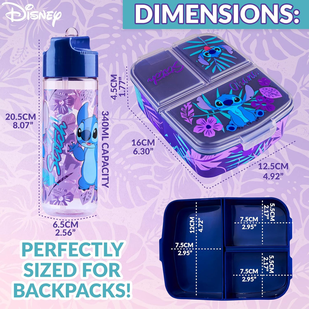 Disney Stitch Kinder Lunchbox mit Fächern und Wasserflasche für Schule und Ausflüge (Blau/Lila)