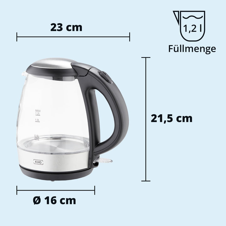 KHG Wasserkocher WK-121GES Glas LED, 1,2 Liter, abwaschbarer Kalkfilter, Wasserstandsanzeige, Öffnen