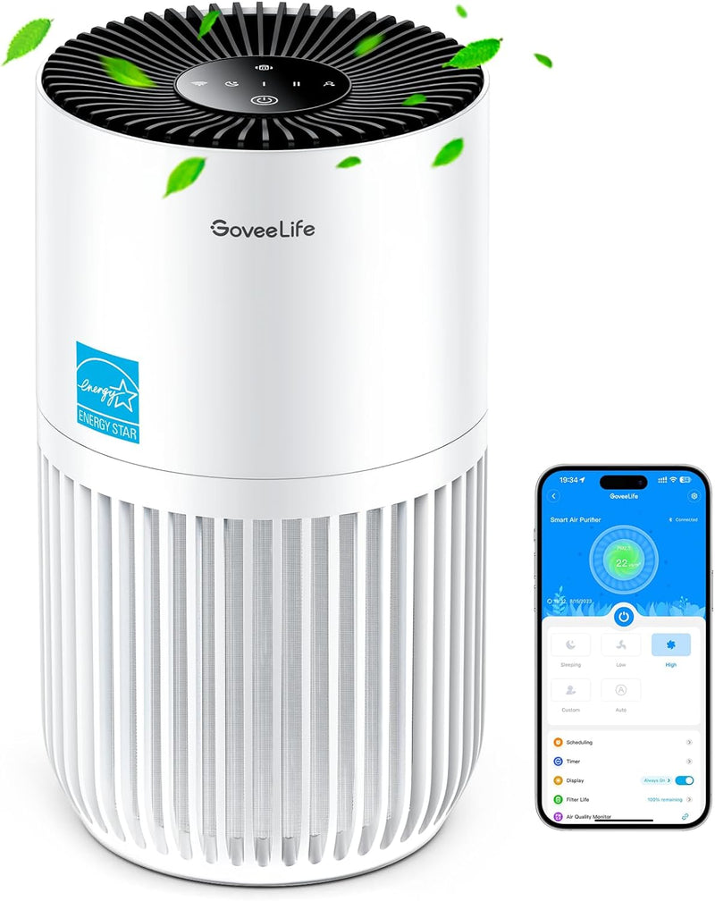 GoveeLife Mini-Luftreiniger für das Schlafzimmer, HEPA Smart Filter Luftreiniger mit Alexa App Steue