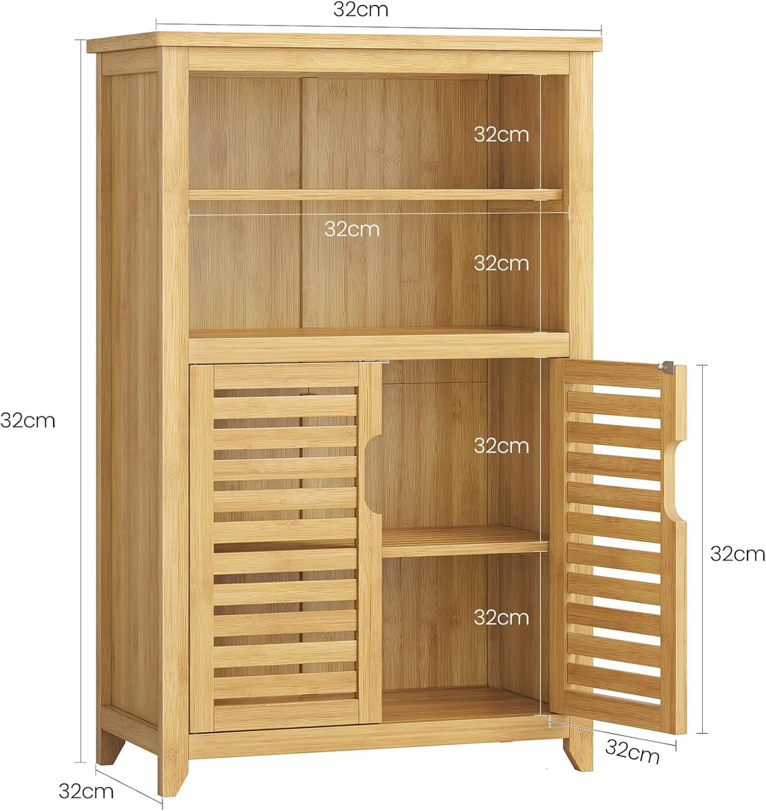 VIAGDO Badezimmerschrank Bambus, Badschrank mit 2 offenen Fächern und 2 Lamellentüren, Küchenschrank