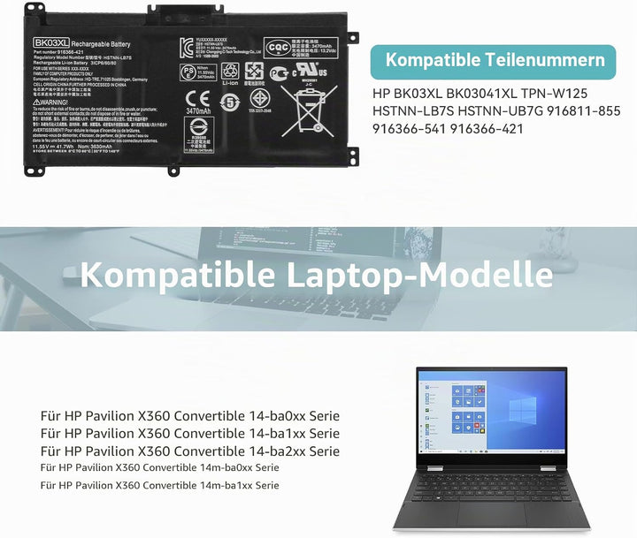 K KYUER BK03XL Laptop Akku für HP Pavilion X360 14-ba0xx 14-ba1xx 14-ba2xx 14-ba006ng 14-ba011ng ba0