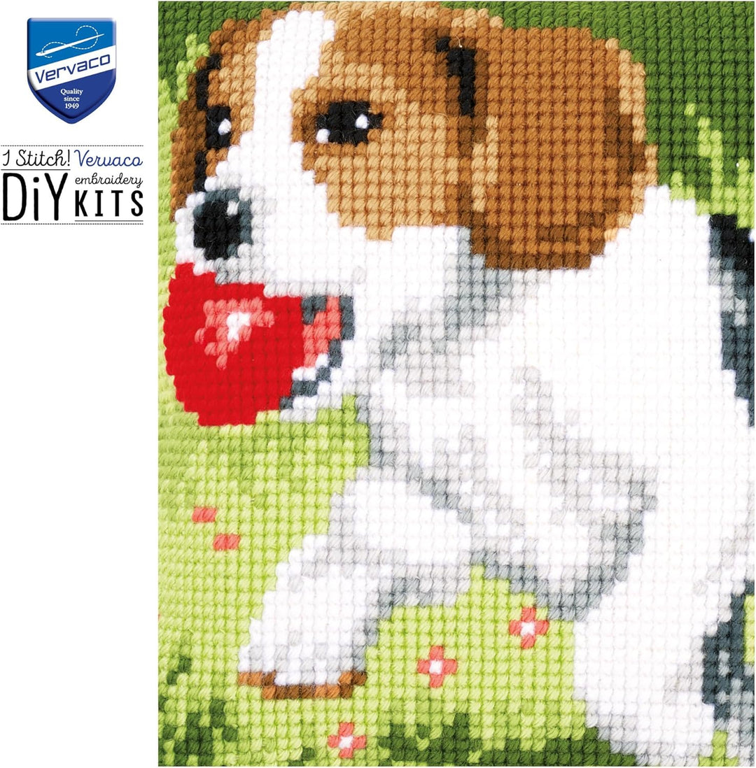 Vervaco Kreuzstichkissen Beagle Kreuzstickpackung vorgedruckt, Stramin, weiss, 40 x 40 x 0,3 cm