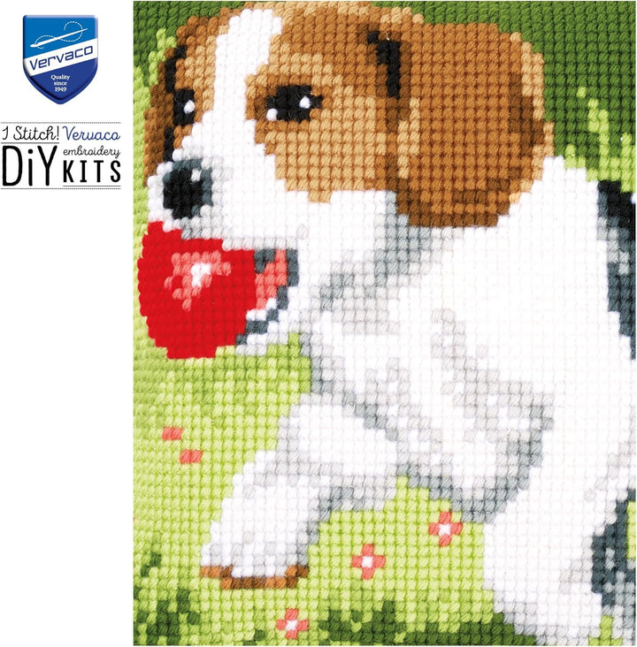 Vervaco Kreuzstichkissen Beagle Kreuzstickpackung vorgedruckt, Stramin, weiss, 40 x 40 x 0,3 cm