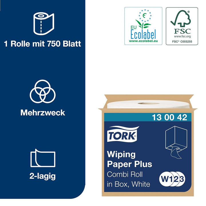 Tork Starke Mehrzweck-Papierwischtücher Weiss W1/2/3, 1 × 750 m Rolle, 130042 1 x 255 m Weiss, 1 x 2