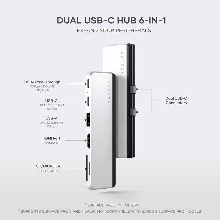 SATECHI Dual USB-C Hub für Surface Pro 9, Microsoft Surface Pro 9 Docking Station mit 3.2 USB-A, 4k/