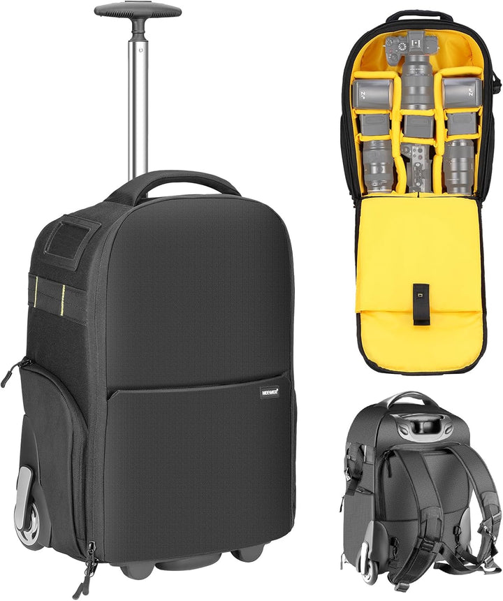 Neewer 2 in 1 Kamerarucksack mit Rollen Gepolstertes stossfestes Fach, Teleskopgriff und versteckte