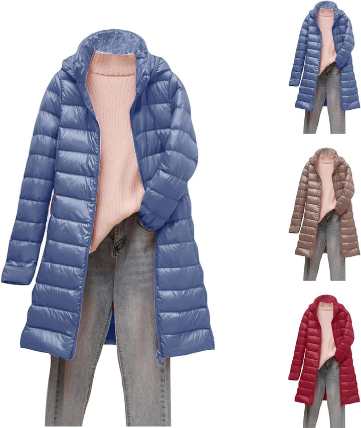 Steppjacke Damen Lang Leichte Warm Puffer Jacke Damen Lässig Winterjacke mit Abnehmbar Kapuze Einfar