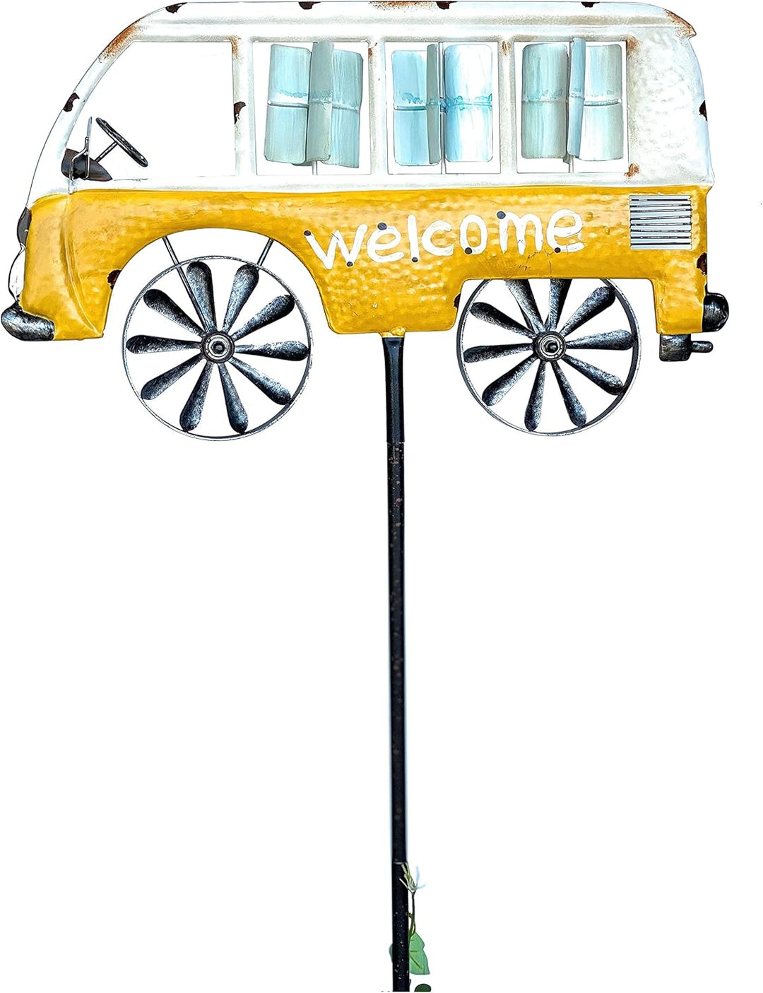 DanDiBo Gartenstecker Metall Bus Auto XL 160 cm Gelb Weiss 96104 Windspiel Willkommen Windrad Wetter