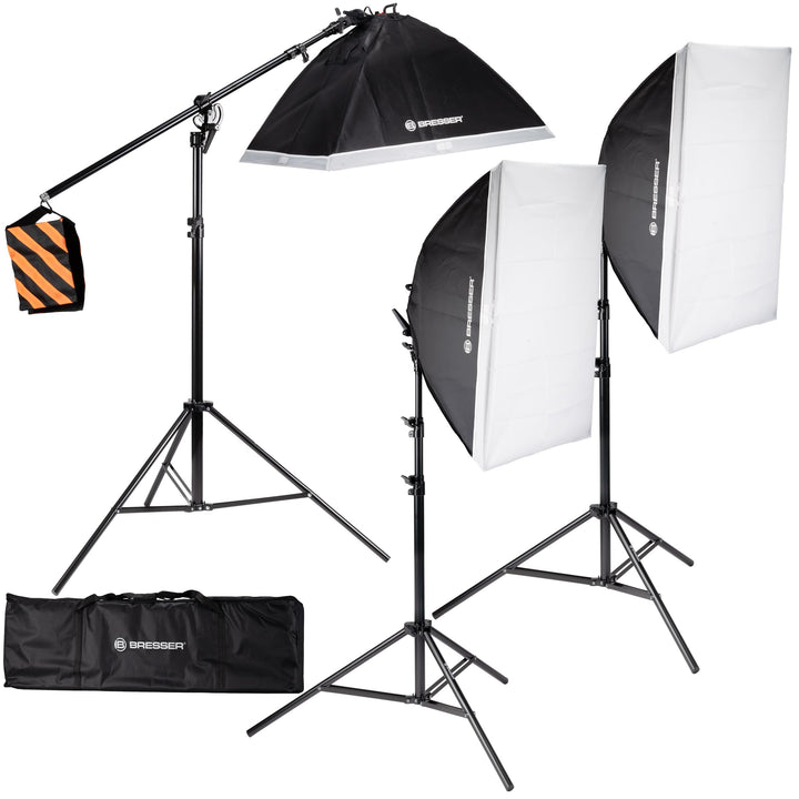 Bresser LED-Tageslichtset für Fotostudio mit 3 Softboxen 60x80 cm, 15 LED-Lampen, Stative, Boomarm,