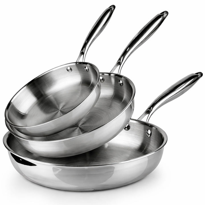 La Moustache - Pfannenset 3-teilig, aus Edelstahl ohne Beschichtung, 3 Bratpfannen, induktionsgeeign