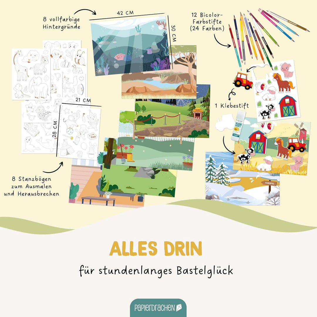 Papierdrachen Bastelbox Tiere unserer Welt – Komplett-Set -inkl. Stanzbögen u. Hintergründen – 12 Bi