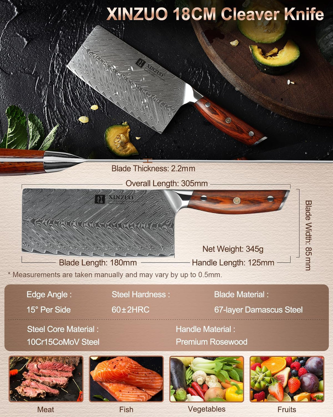 XINZUO Damaststahl 18cm Hackmesser, Profi Hackbeil Scharfe Klinge Chinesisches Kochmesser, Edelstahl
