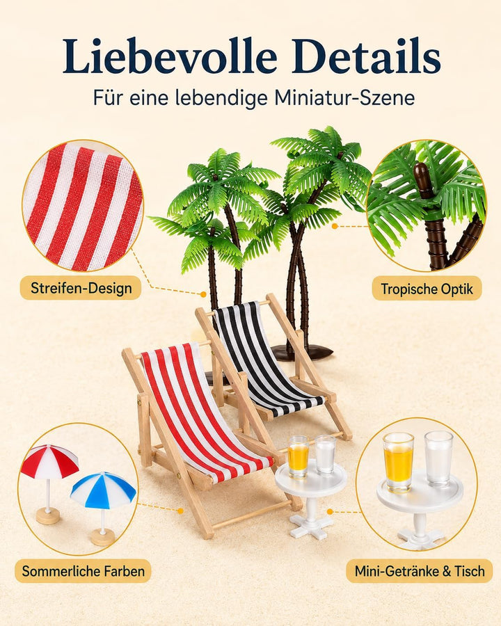 Hemobllo 9 Stück Miniatur Strand Deko Set, Mini Liegestuhl Palme Sonnenschirm Zubehör für DIY Sommer