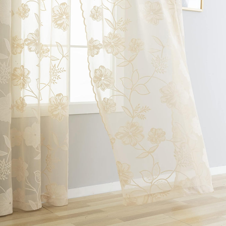 Treatmentex Spitze Vorhang Jacquard Gardinen mit Ösen Schwarze 3D Blumenmuster Halbtransparente Vorh