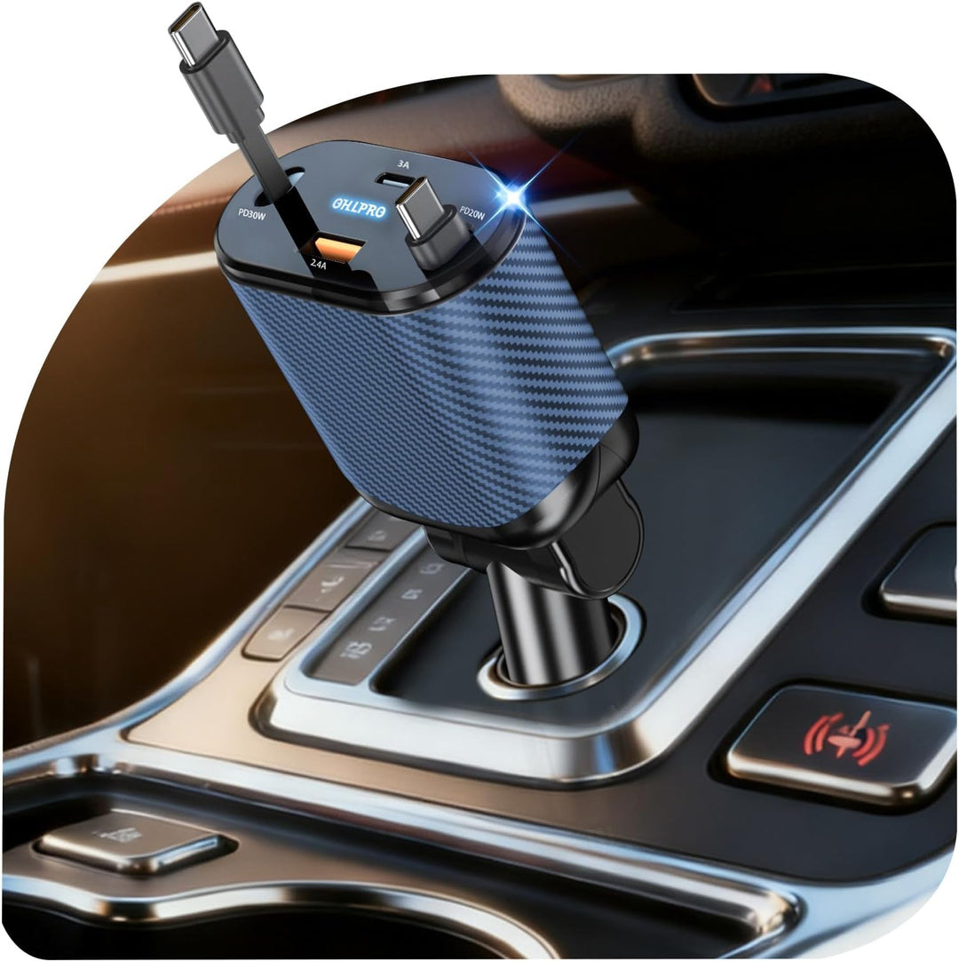 OHLPRO 4 in 1 Einziehbares Auto Ladegerät Zigarettenanzünder USB-C mit 2 Typ-C Kabel, Handy Schnelll