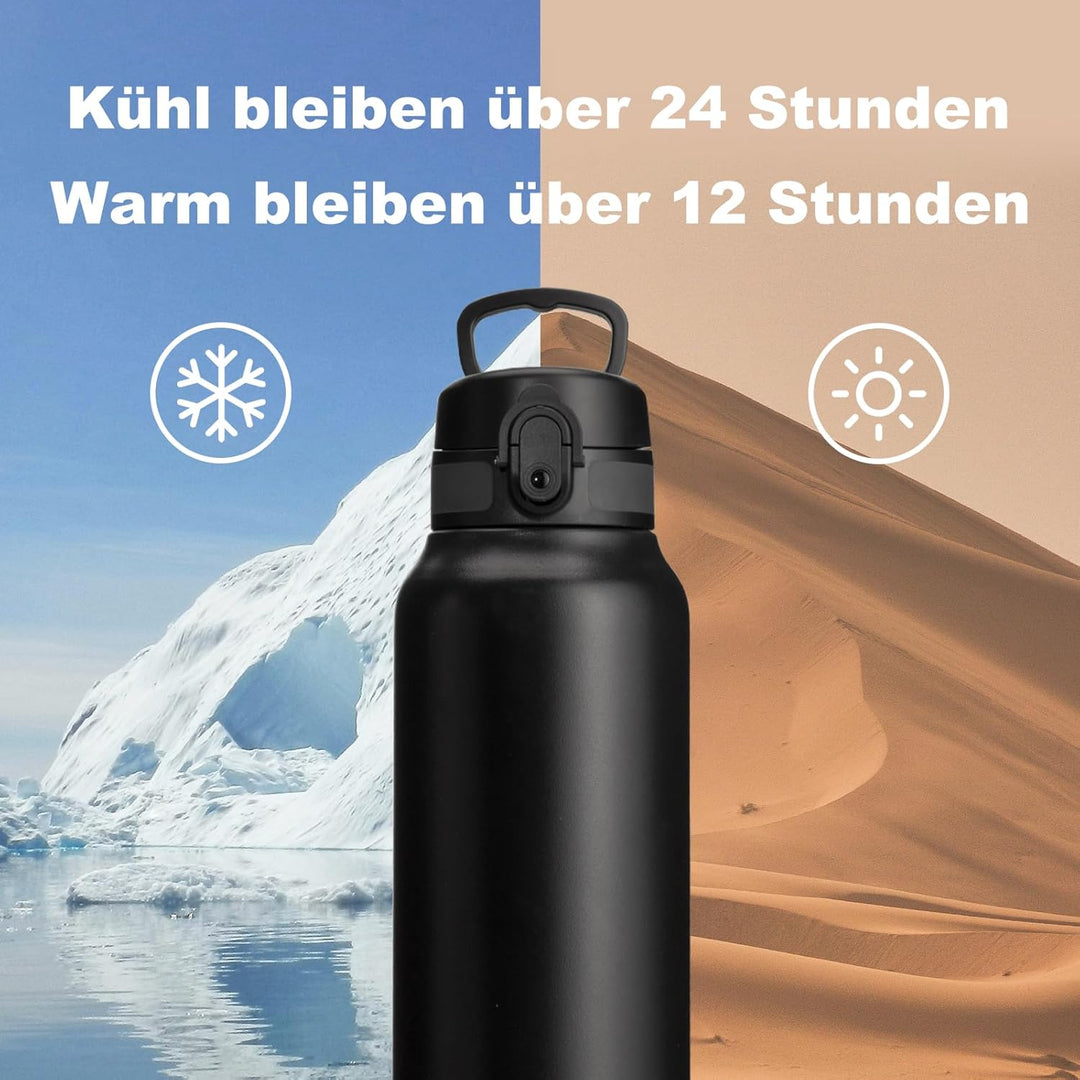 UZSPACE Edelstahl Trinkflasche 1l (970ml), Isolierte Thermosflasche mit 1-Klick-Öffnung, 100% Auslau