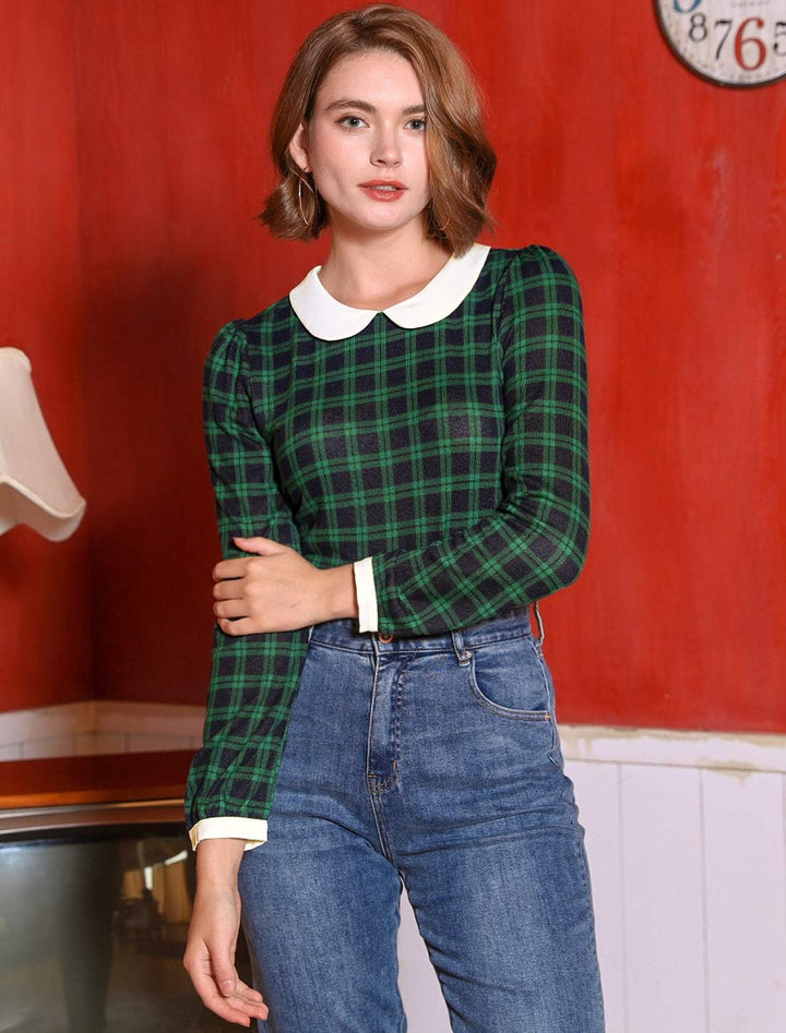 Allegra K Damen Bubikragen Bluse Oberteil Langarm Panel Elegant Kariert Shirt M Grün, M Grün