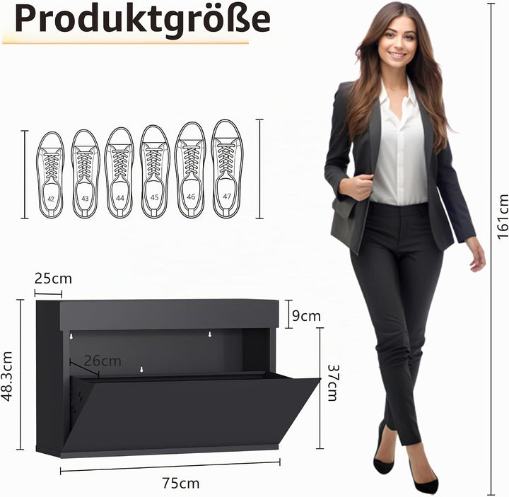 VEEHAUS Schuhschrank Metall Wandmontage, 1 Klappe, Grosse Grössen 35-47 | Nur 25 cm tief, Stapelbar