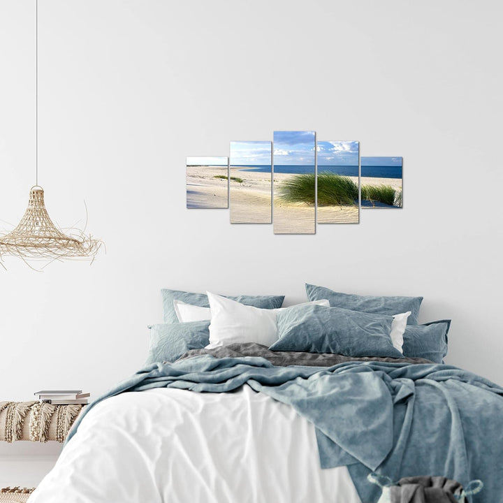 Runa Art Wandbilder Strand Meer 5 Teilig Bild auf Vlies Leinwand Deko Schlafzimmer Wohnzimmer Panora