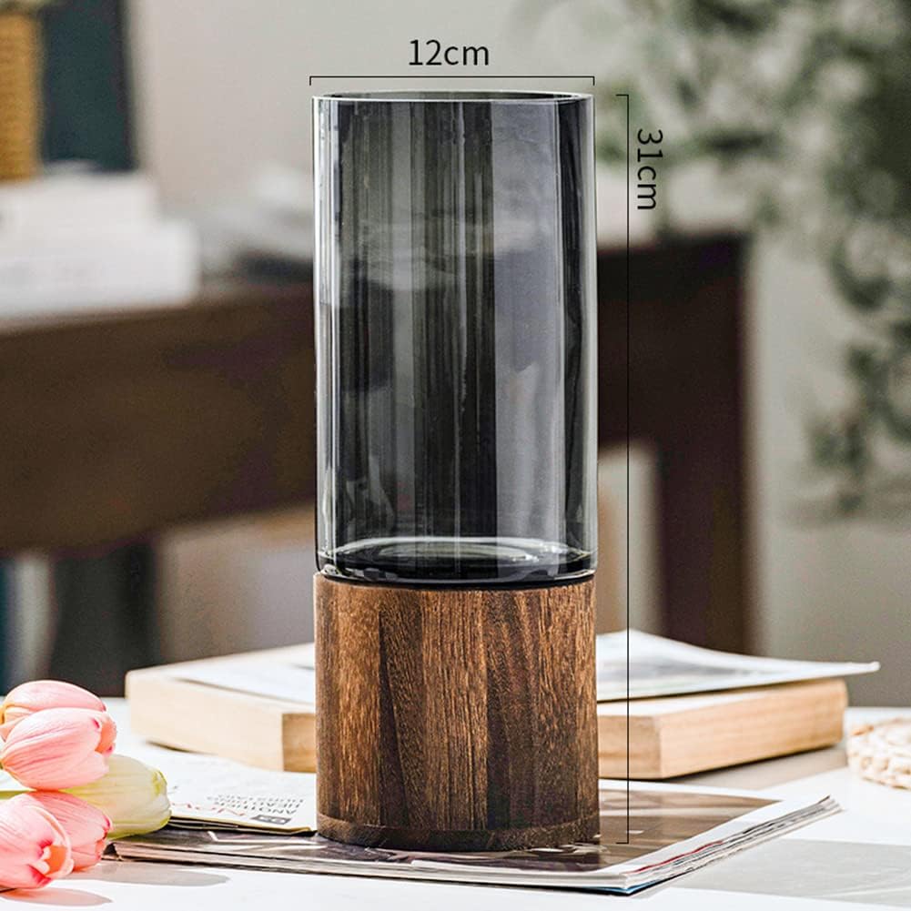 Glas Blumenvase Modern Zylinder Vase Handgefertigte kristallklare Glasvase mit Holzsockel Blumenblum
