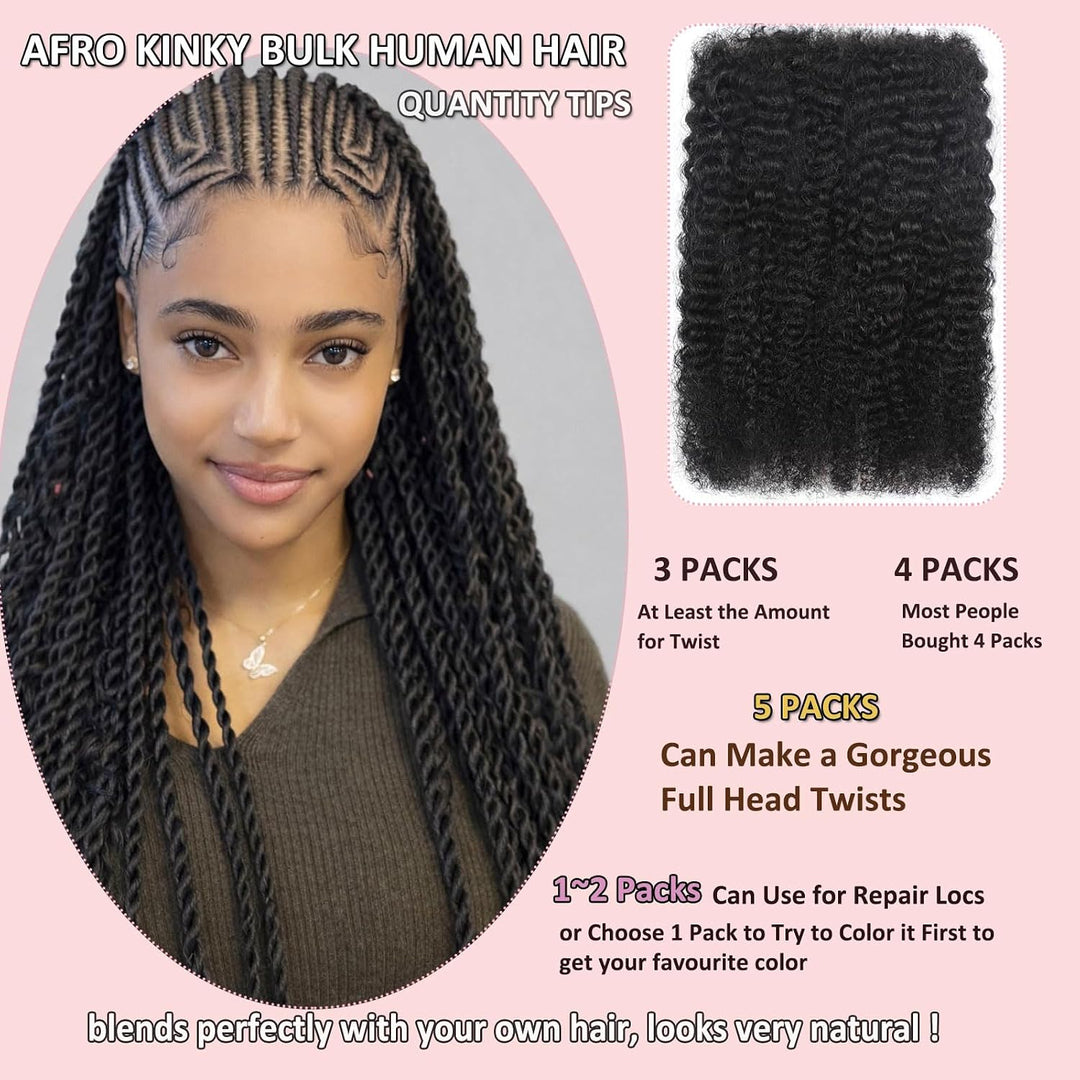 Huarisi Afro Kinky Bulk Human Hair Extensions Schwarz für Dreadlocks Mini Twist Braids Sister Locs u