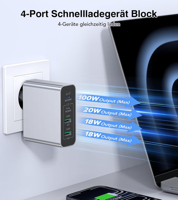 120W 4-Port USB C Ladegerät Mehrfach Mit USB-A, Schnellladegerät PD3.0 Power Adapter, Netzteil Für i