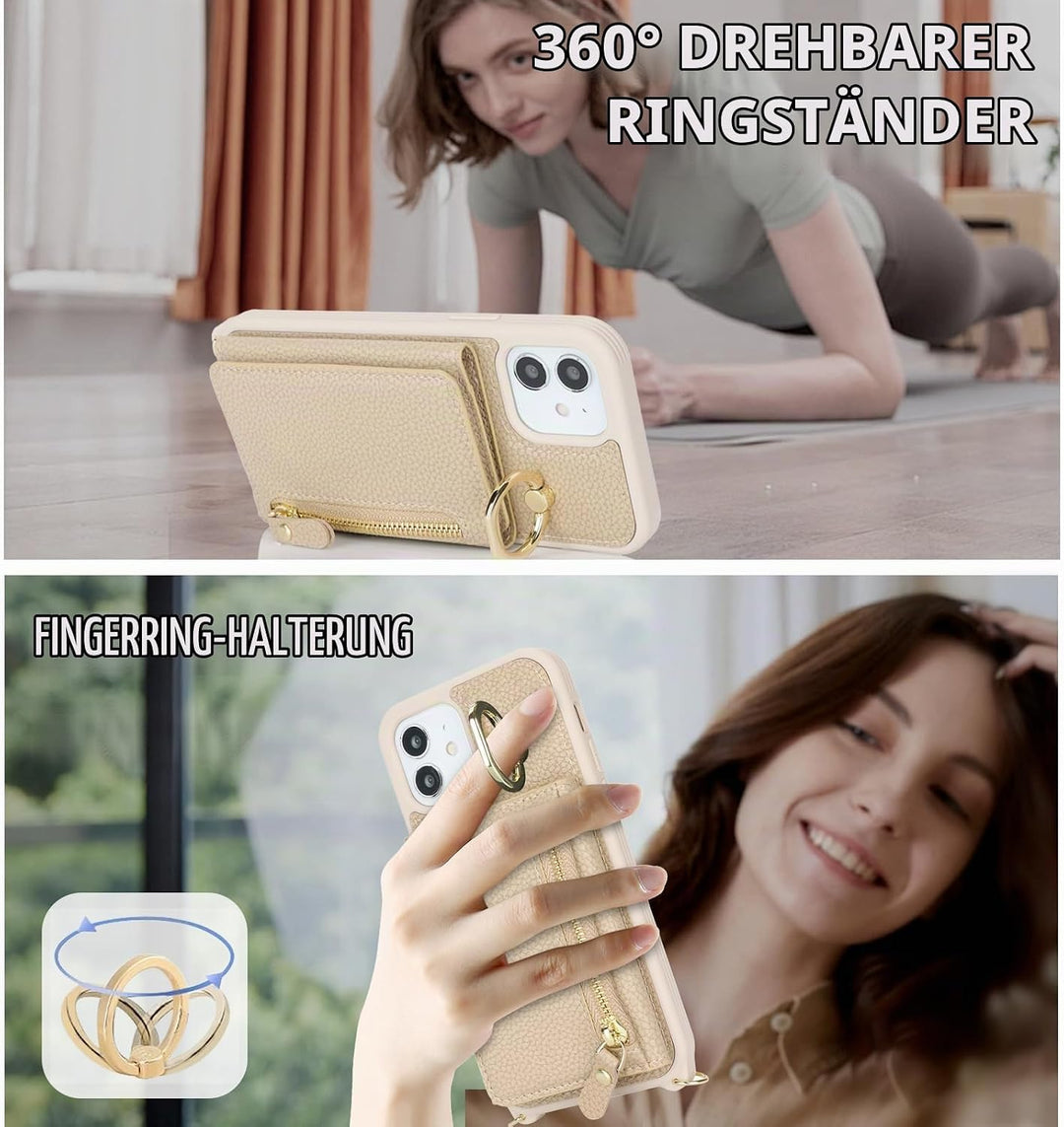 ELTEKER Handyhülle für iPhone 12 Mini Hülle mit Band Kartenfach Handykette Ringhalterung Geldbörse,L