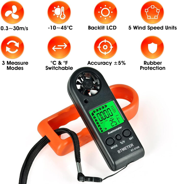 BTMETER Anemometer Handheld, BT-816B Digitaler Windmesser windmessgerät 0.3~30 m/s misst Windgeschwi