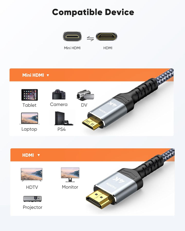 SNOWKIDS Mini HDMI auf HDMI Kabel 7,5M, 4K@60Hz 18Gbps HDMI auf Mini HDMI Kabel Nylon Braided Suppor
