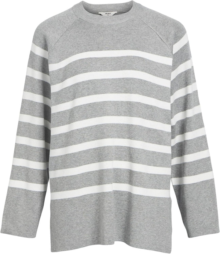 Object Damen Objester Ls Knit Top Noos Pullover L Light Grey Melange/Stripes:cloud Dancer, L Light G