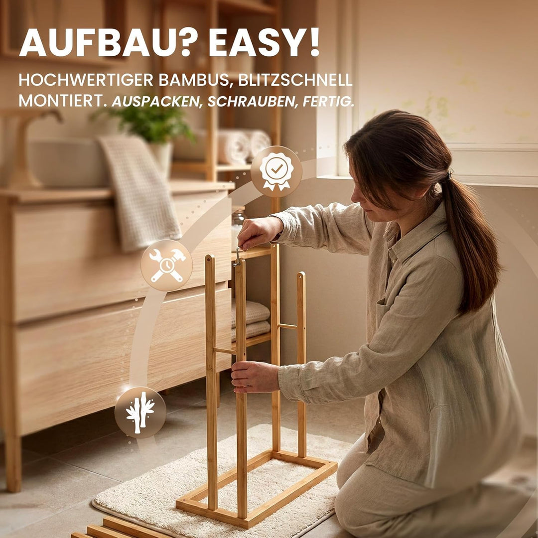 CLP Handtuchhalter ohne Bohren Holz Malami, Handtuchständer freistehend Bambus Edelstahl, Badetuchha