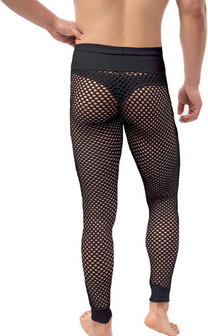 QiaTi Herren Fischnetzhose Mesh durchsichtige Muskelleggings Dehnbare Lange Hose mit Kordelzug M Sch