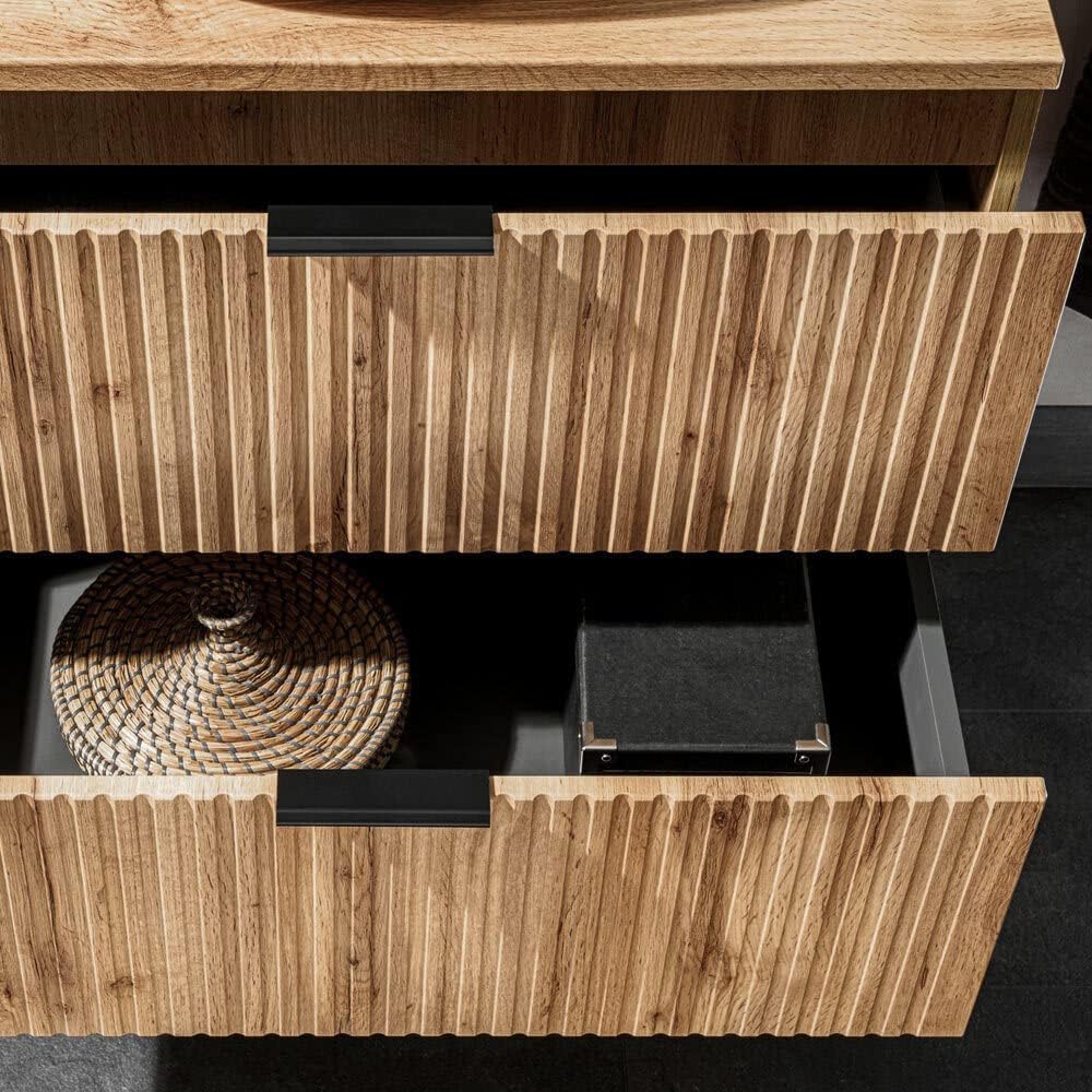Lomadox Badezimmermöbel Waschtisch-Unterschrank 60cm Wotaneiche mit gerilllter Front Waschbecken Bad