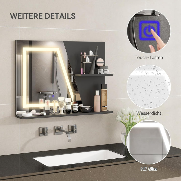 YU YUSING Badspiegel mit Beleuchtung 80x60cm, LED Badezimmerspiegel Mit Uhr | Beschlagfrei, Touch-Sc