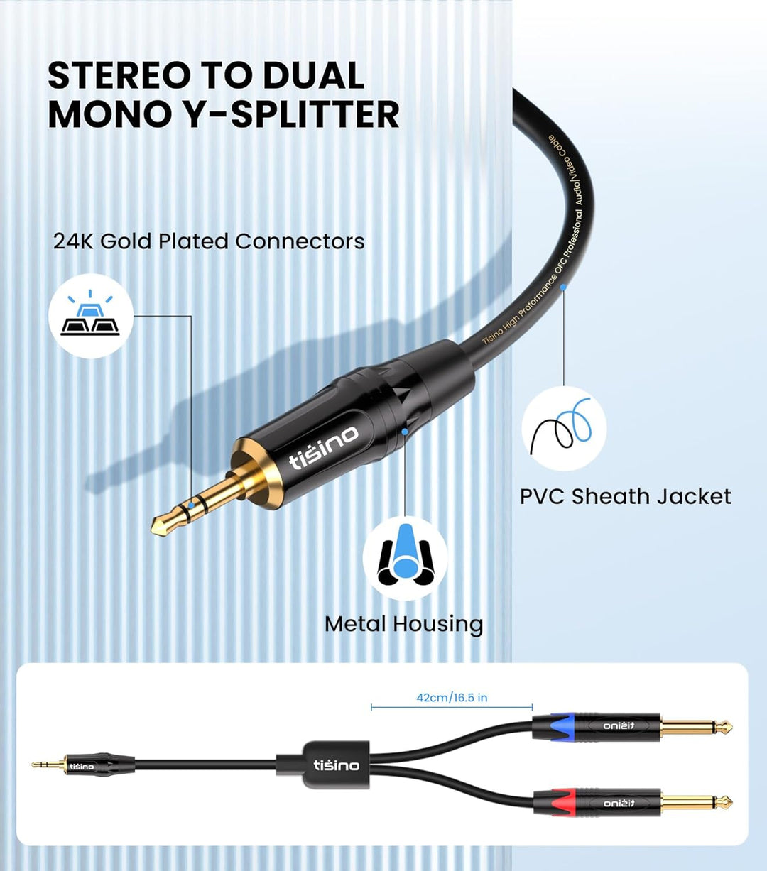 Tisino 3,5 mm auf 6,35 mm Stereo-Kabel, Mini-Klinkenstecker TRS Stereo auf Dual 6,35 mm TS Mono Y-Sp