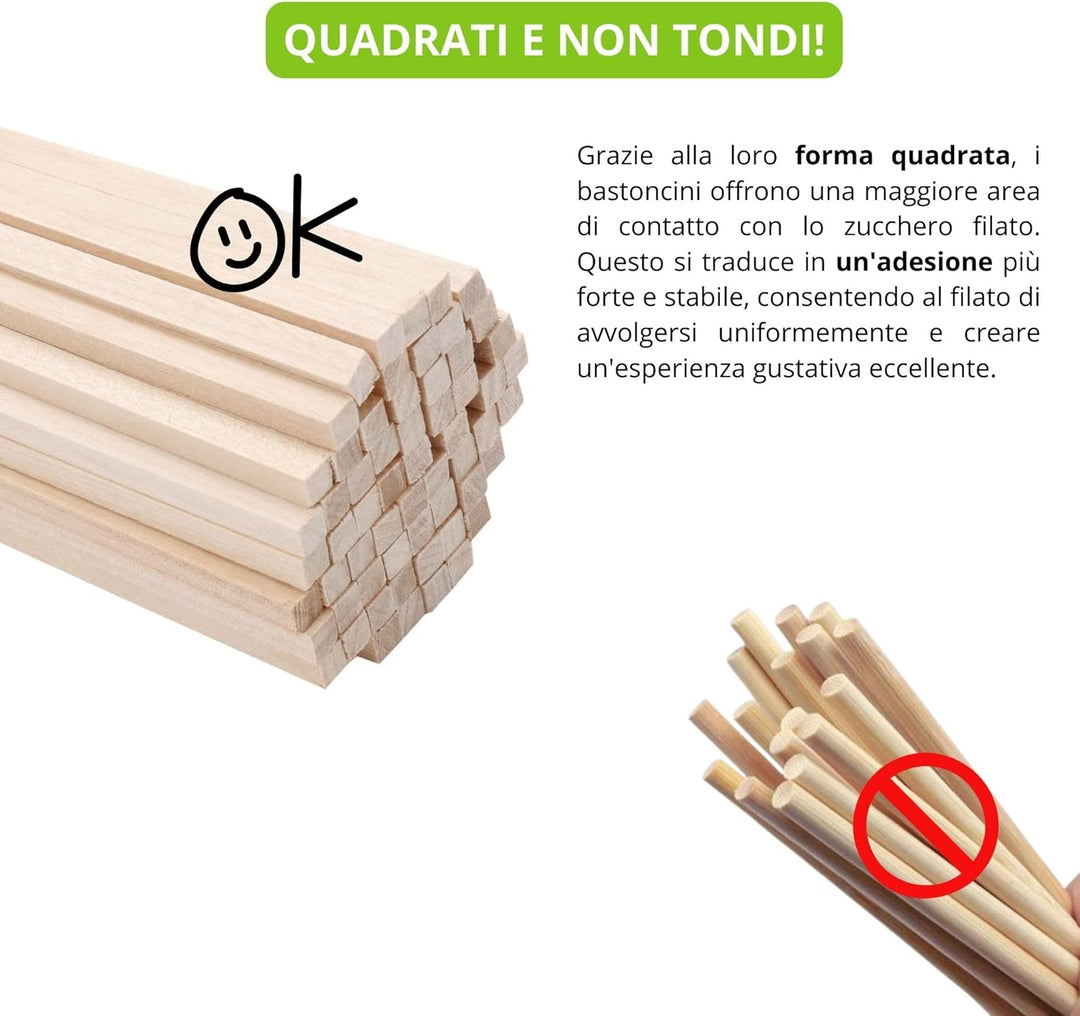 Zuckerwattestäbchen 200 Stücke - 30 cm x 0,4 cm – passend für alle Zuckerwattemaschinen – quadratisc
